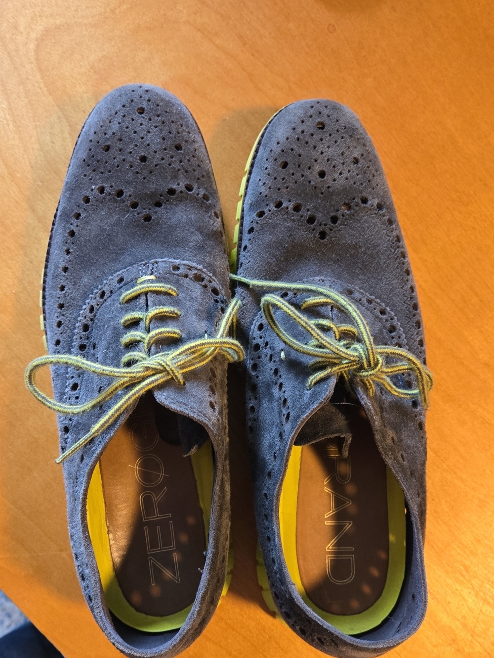 Cole Haan Blue Suede Wingtip Oxford with Yellow Accents